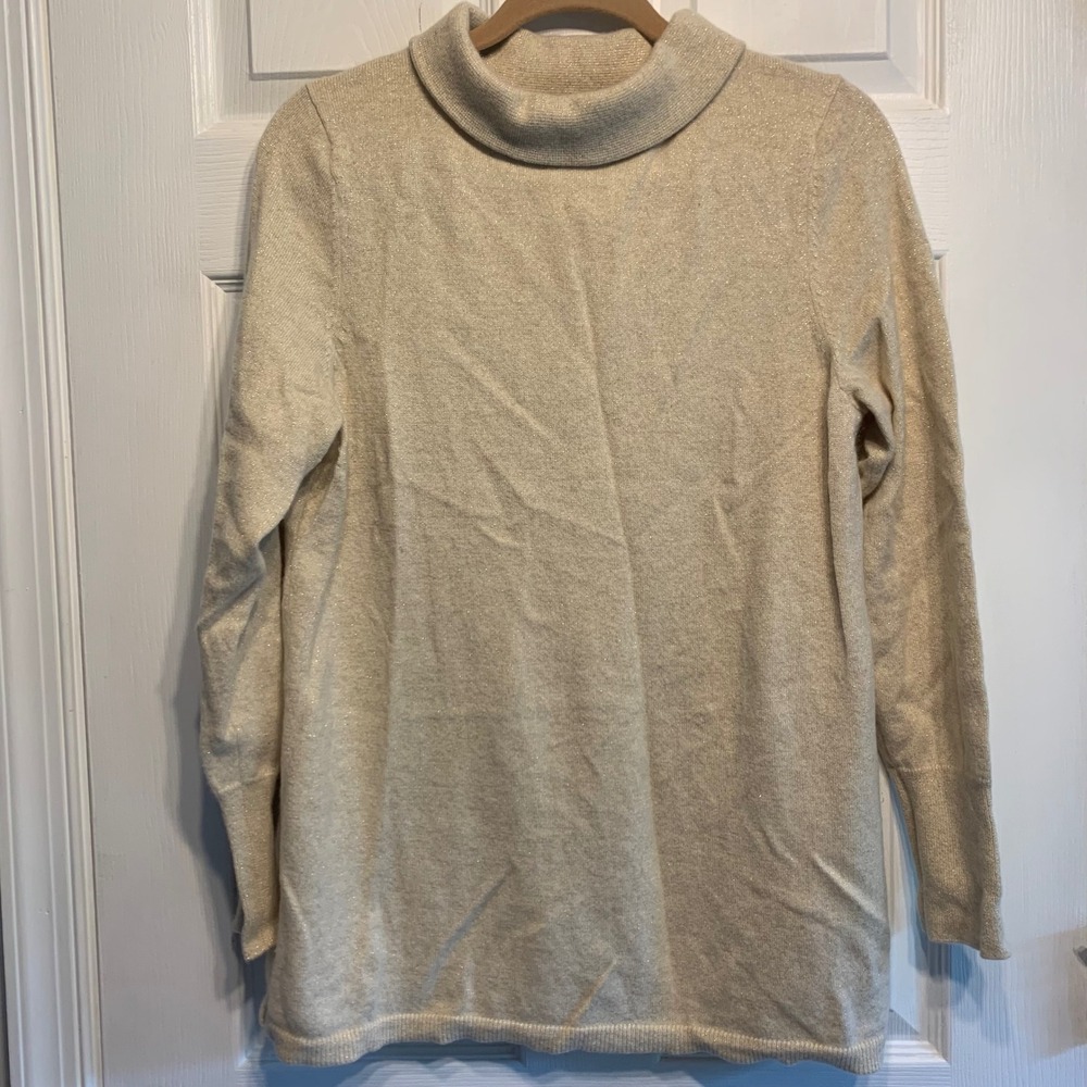 Talbots Cashmere Blend Sweater Large Cream Metallic Shimmer Cowl Neck Chic Gold